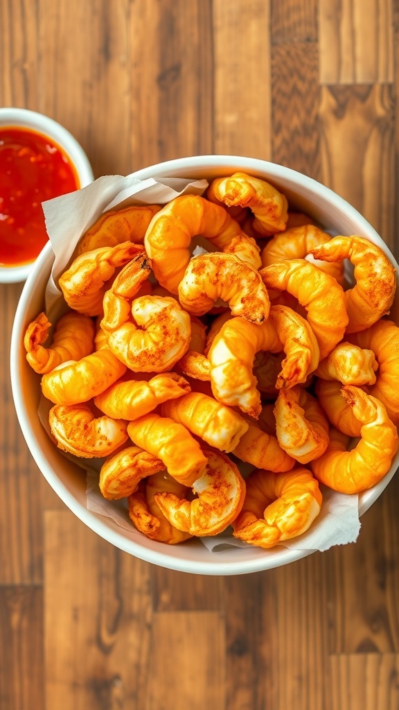 Crispy Air Fryer Shrimp Chips Recipe A bowl of golden shrimp chips with a dipping sauce on a rustic table.